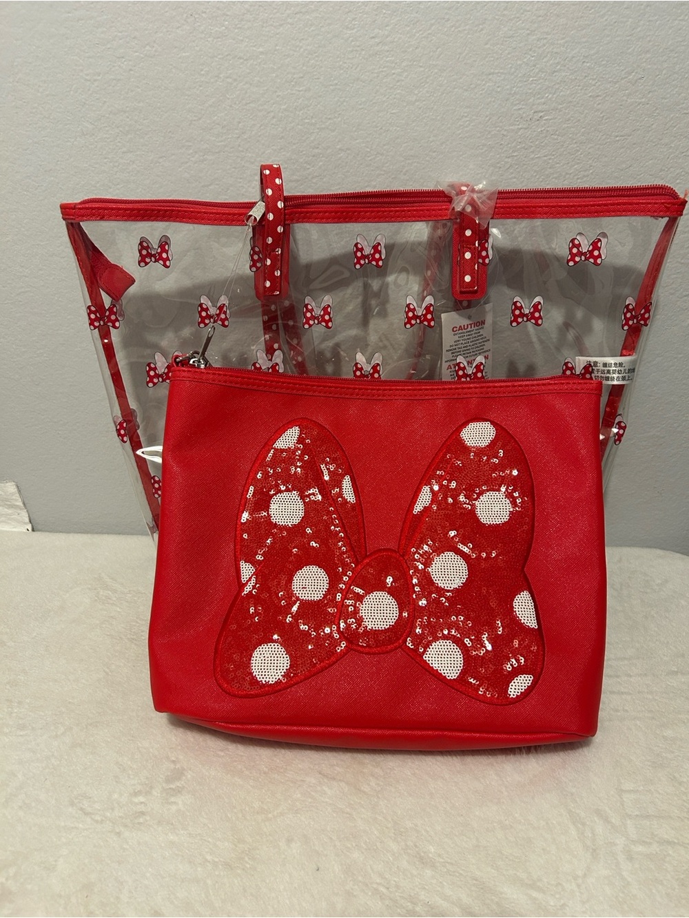 Disney Red Clear Tote with Red Polka Dot Bow Pouch NWT - Picture 5 of 6